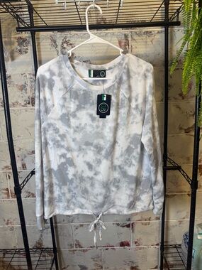 2LIV Women's Gray White Tie Dye Pullover Sweatshirt M Drawstring Long Sleeve
